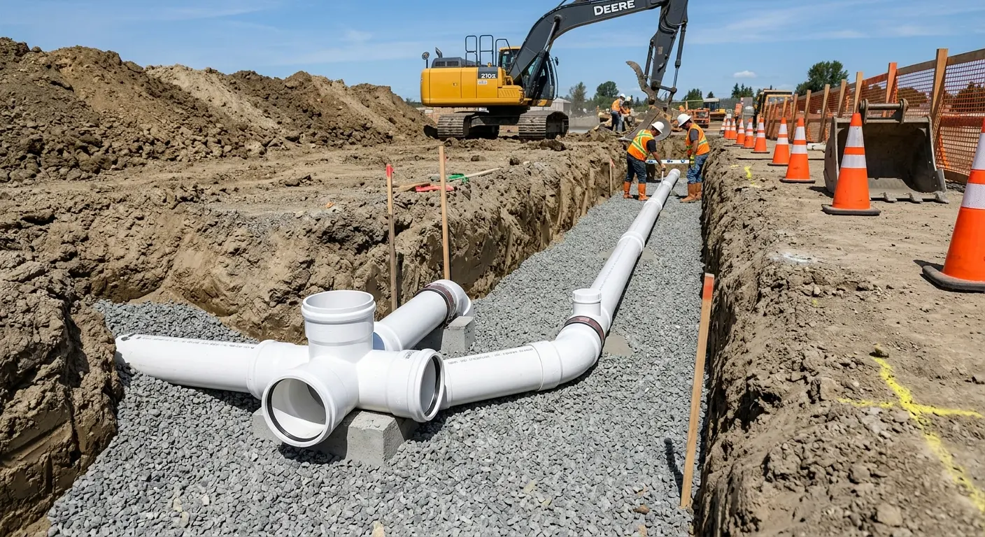New PVC sewer pipe installation in open trench for Sewer Backup in Apollo Beach