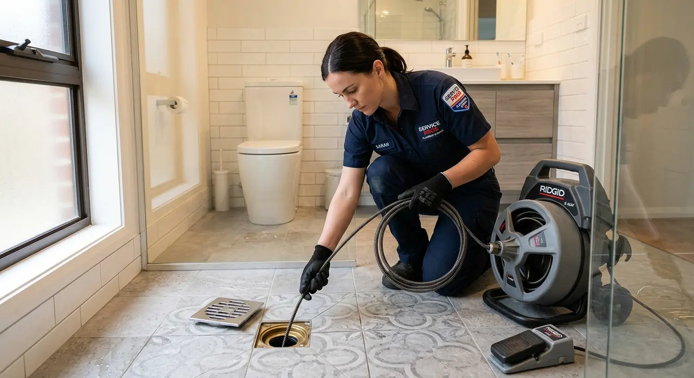Technician clearing a bathroom floor drain for Drain Cleaning in Apollo Beach